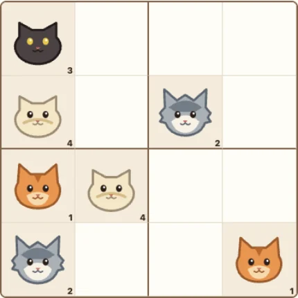 A starter Purrdoku board with numbered cat faces and empty squares.