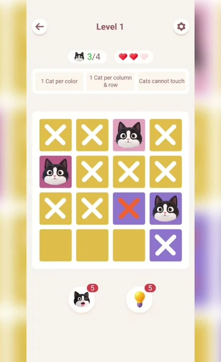 Meowdoku Level 1 progress screenshot from the original mobile game