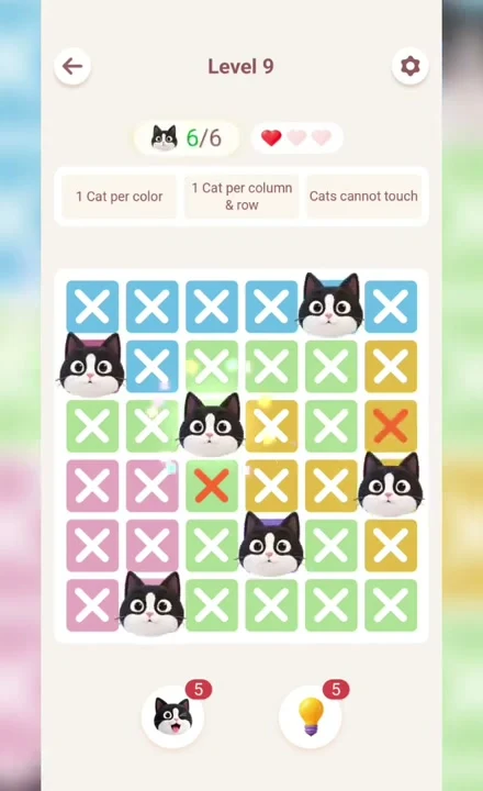 Meowdoku Level 9 solution screenshot from the original mobile game
