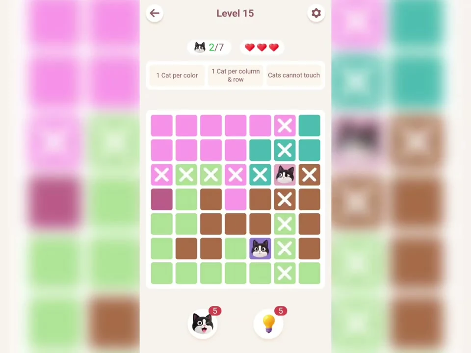 Meowdoku Level 15 in progress at 0:10 in the original app tutorial.