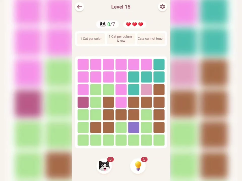 Original Meowdoku Level 15 opening board, 7 by 7 grid, captured from Nasir Ali Gamer at 0:01.