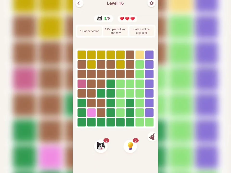 Original Meowdoku Level 16 opening board, 8 by 8 grid, captured from Nasir Ali Gamer at 0:01.