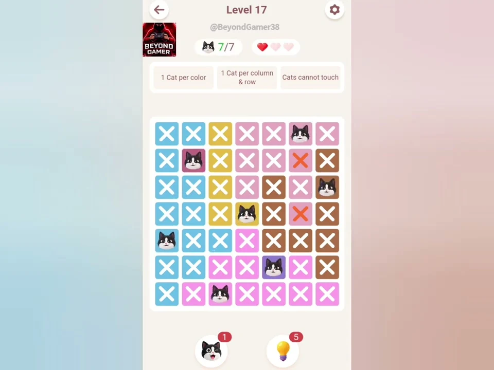 Final Meowdoku Level 17 board in Beyond Gamer’s original app recording.