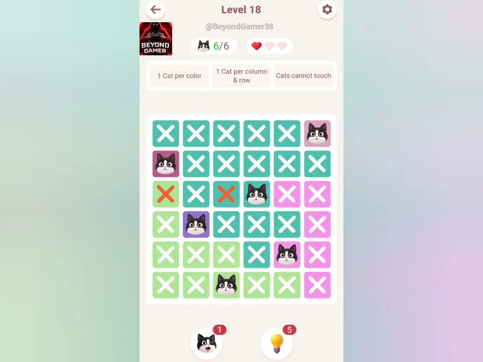 Final Meowdoku Level 18 board in Beyond Gamer’s original app recording.