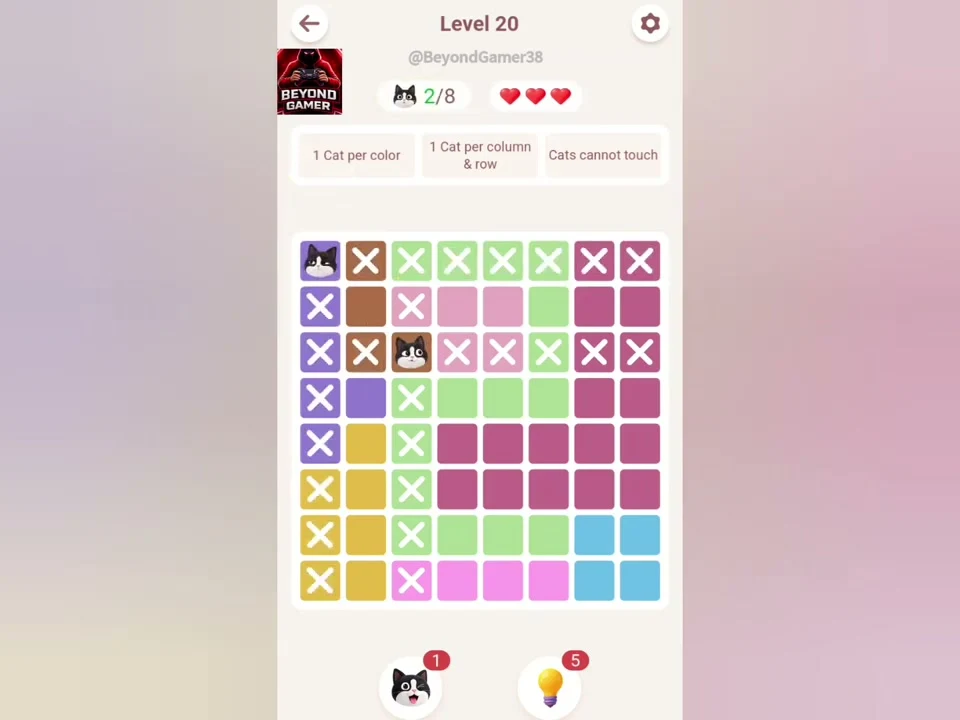 Meowdoku Level 20 in progress at 0:10 in the original app tutorial.