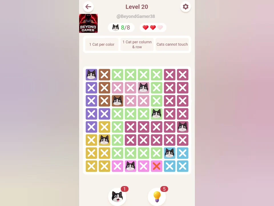 Final Meowdoku Level 20 board in Beyond Gamer’s original app recording.
