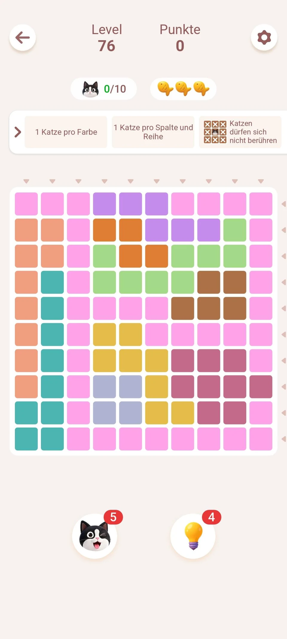 The actual player-shared Meowdoku Level 76 board, a 10 by 10 puzzle with an all-pink third column and a dark-red square at R8 C10.